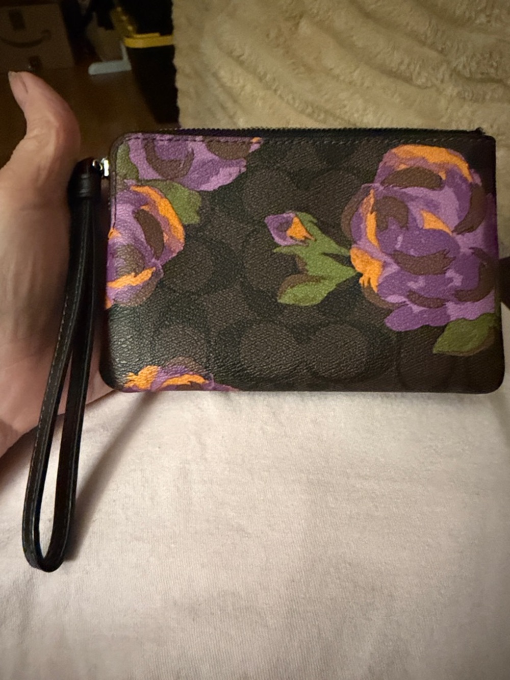 Coach Brown Signature Floral Wristlet with Purple & Orange Accents - Picture 2 of 9